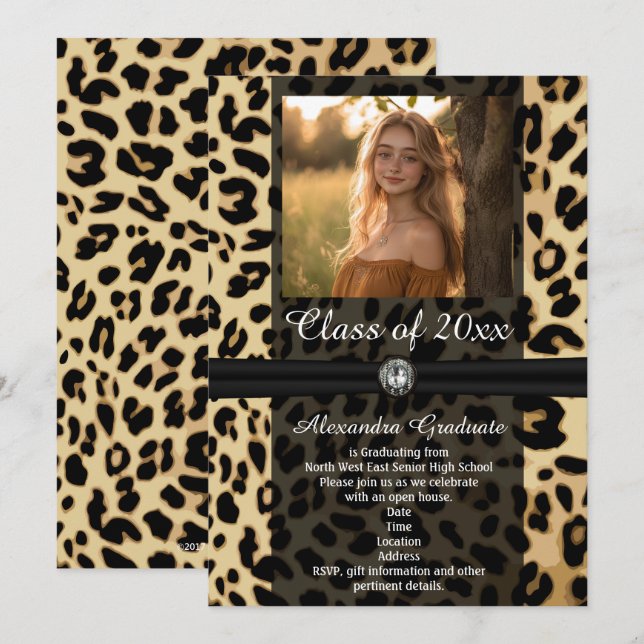 Black Leopard Ribbon Jewel Photo Graduation Invitation (Front/Back)
