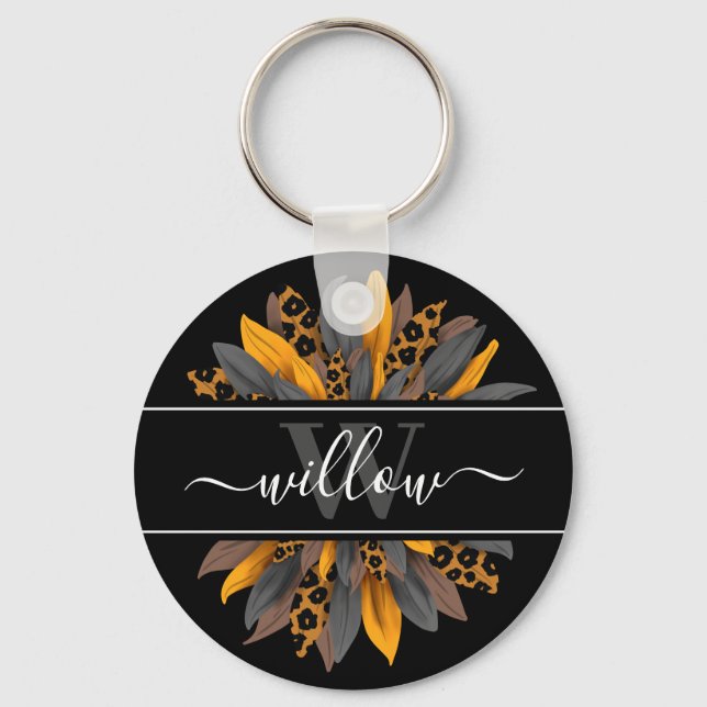 Black Leopard Spots Sunflower Name Monogram Key Ring (Front)