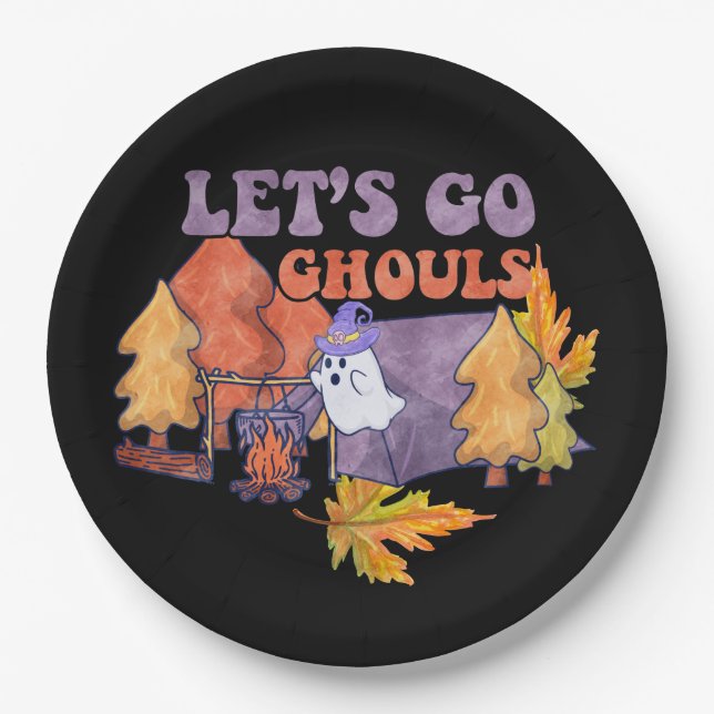 Black Let's Go Ghouls Fall Pumpkin Halloween Paper Plate (Front)