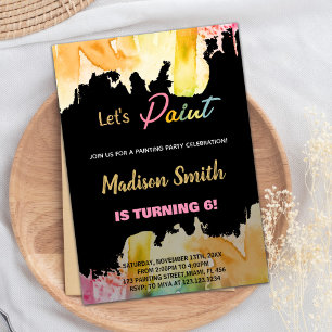 Black Let's Paint Birthday Invitations