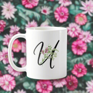 Black Letter "U" Typography Leaves & Flowers Coffee Mug