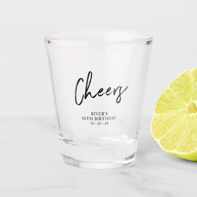 Black Lettering Cheers Adult Birthday Party Favour Shot Glass (Front)
