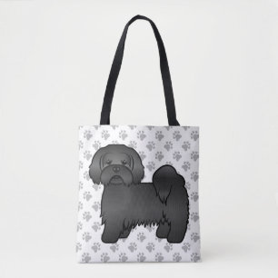 Black Lhasa Apso Cute Cartoon Dog & Paws Tote Bag