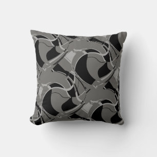 Black Light Grey on Dark Grey Swirling Tiles Motif Cushion
