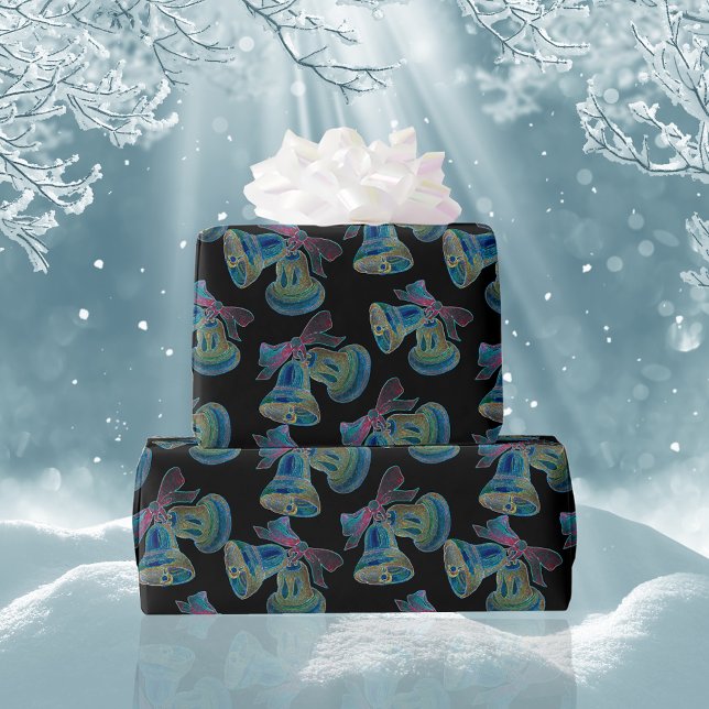 Black Light Neon Christmas Bells Pattern  Wrapping Paper (Creator Uploaded)