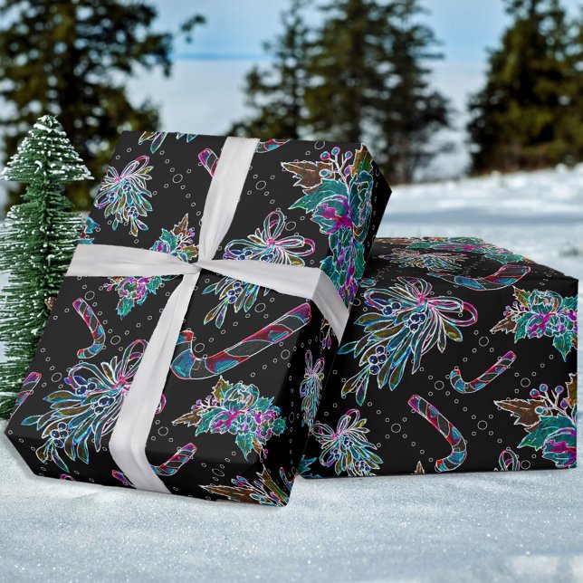 Black Light Neon Christmas Candy Cane Pattern  Wrapping Paper (Creator Uploaded)