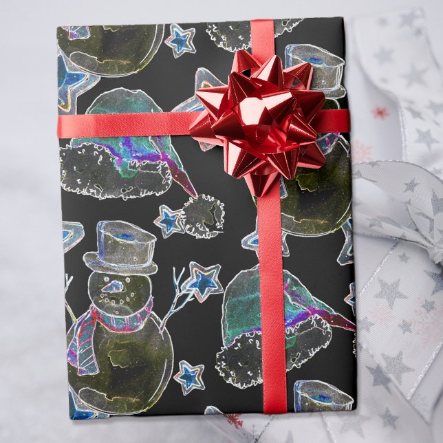 Black Light Neon Christmas Snowman Pattern  Wrapping Paper (Creator Uploaded)