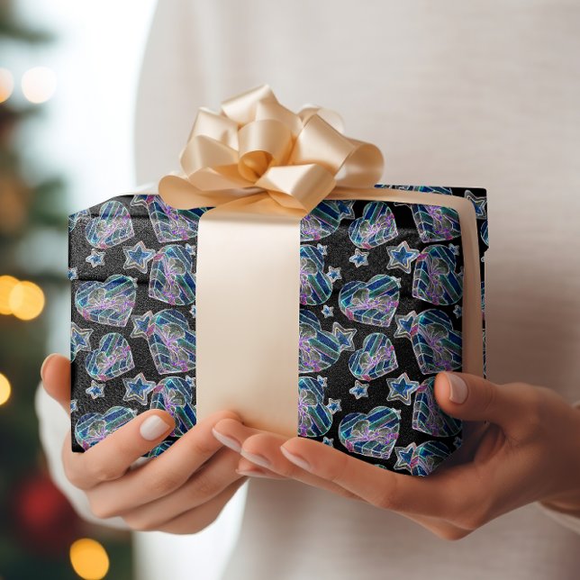 Black Light Neon Glow Xmas Hearts and Stars Wrapping Paper (Creator Uploaded)