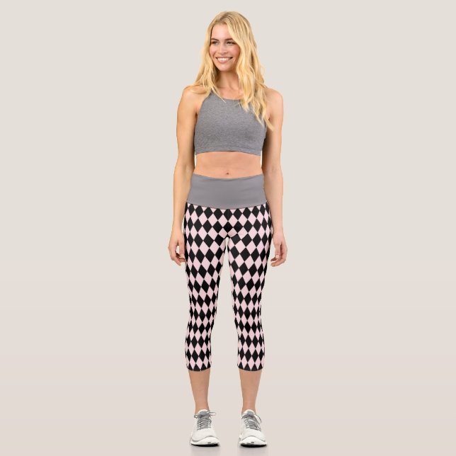 Black & Light Pink Stripe Pattern Minimal Abstract Capri Leggings (Front)