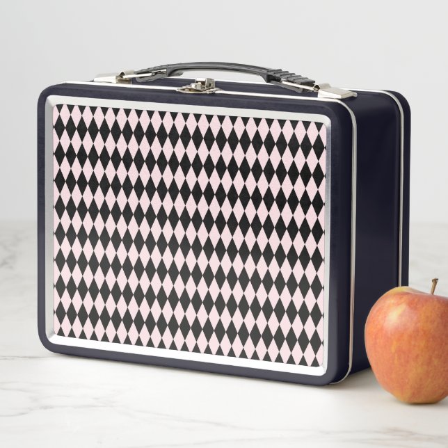 Black & Light Pink Stripe Pattern Minimal Abstract Metal Lunch Box (In Situ)