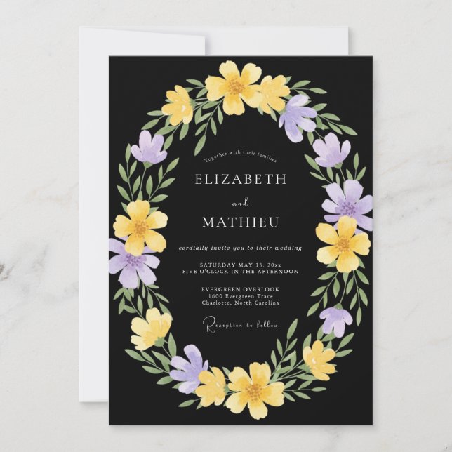 Black Lilac Wreath Wedding Invitation (Front)