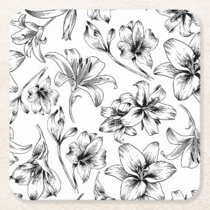 Black Lily Flowers Square Paper Coaster