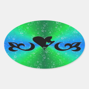 Black Lily Heart and Butterfly on Rainbow Oval Sticker