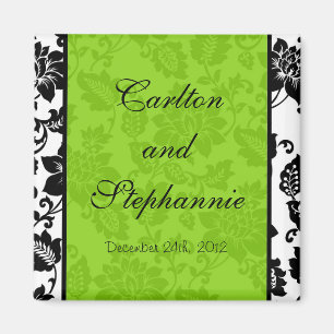 Black/Lime Green Floral Damask Wedding Magnet