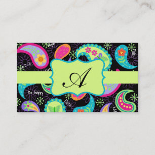Black Lime Green Modern Paisley Pattern Monogram Business Card