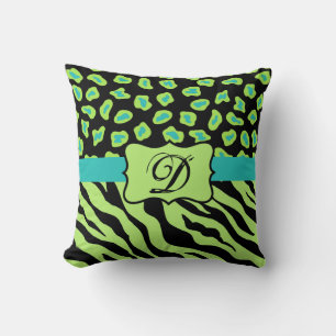 Black, Lime Green & Turquoise Zebra & Cheetah Skin Cushion