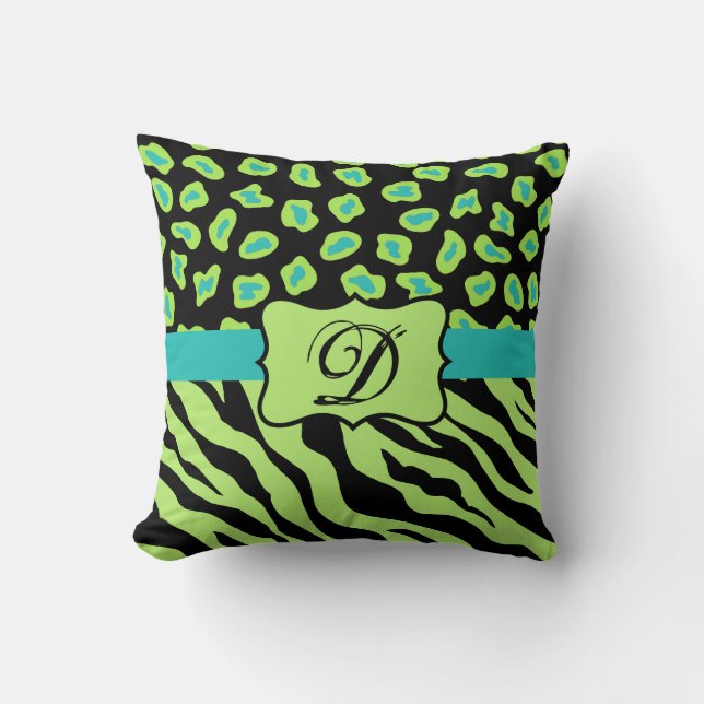 Black, Lime Green & Turquoise Zebra & Cheetah Skin Cushion (Front)