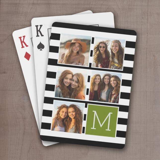 Black Lime Striped Photo Collage Custom Monogram Playing Cards (6 Photo personalized playing cards with a name or other text)