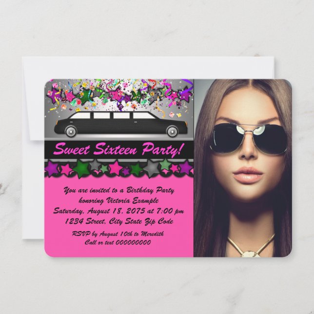 Black Limo Hot Pink Black Photo Sweet 16 Party Invitation (Front)