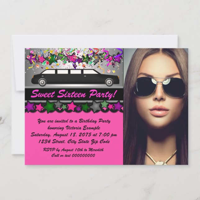 Black Limo Hot Pink Black Photo Sweet 16 Party Invitation (Front)
