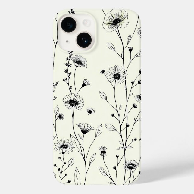 Black Line Art Floral Cream iPhone Case (Back)