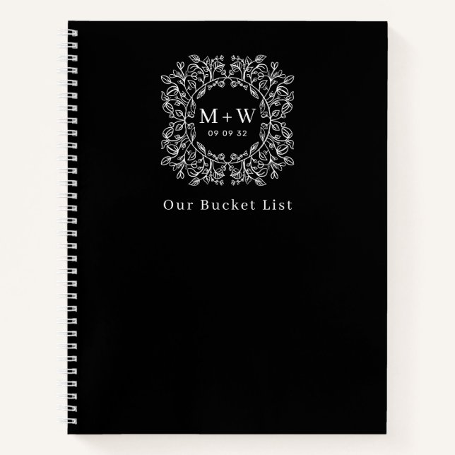 Black Line Art Floral Monogram Our Bucket List Notebook (Front)