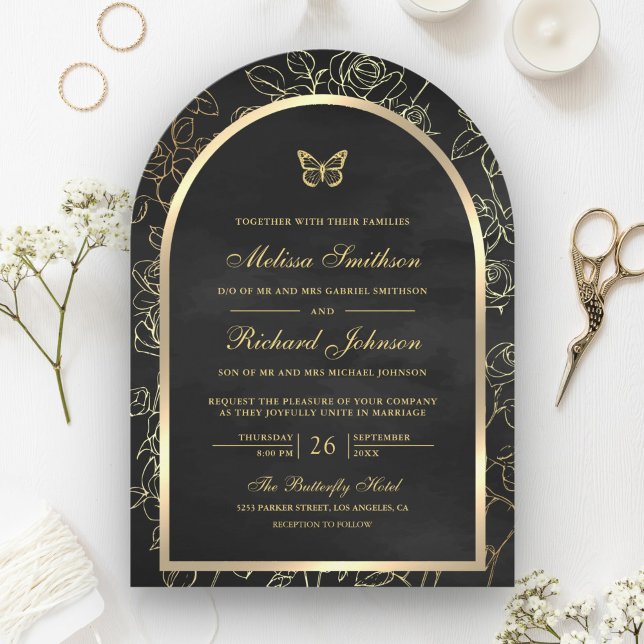 Black Line Art Gold Arch Butterfly Wedding Invitation (Creator Uploaded)
