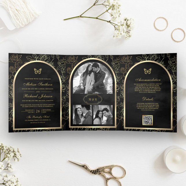 Black Line Art Gold Arch Butterfly Wedding Tri-Fold Invitation (Creator Uploaded)