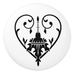 Black Line Art Heart with Abstract Leaf Design Ceramic Knob