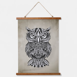 Black Line Drawing Graphic Art Owl Bird Hanging Tapestry