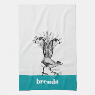 Black line drawing- LyreBird Tea Towel