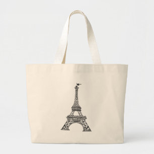 Black Line Eiffel Tower Large Tote Bag