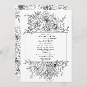 Black Line Florals Funeral Celebration of Life Invitation