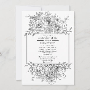 Black Line Florals Funeral Photo Invitation