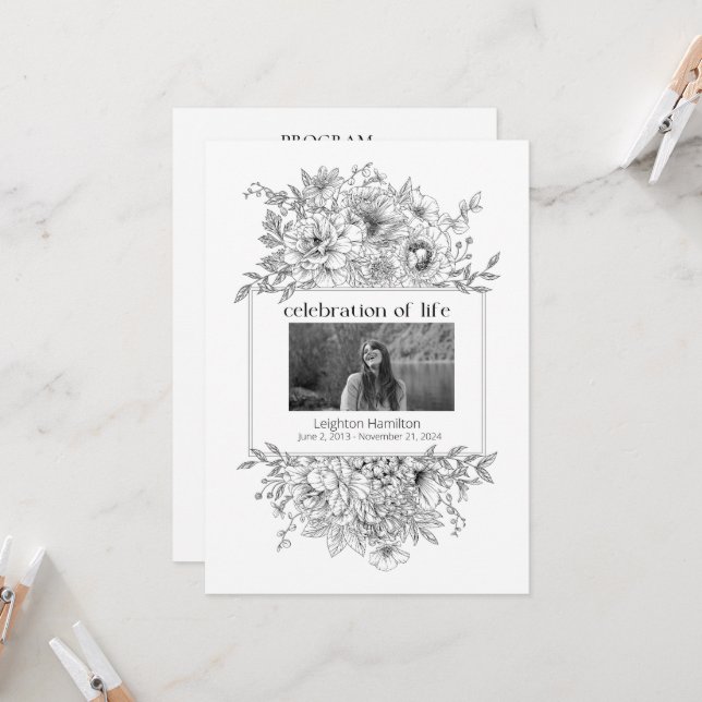 Black Line Florals Photo Funeral Program (Front/Back In Situ)