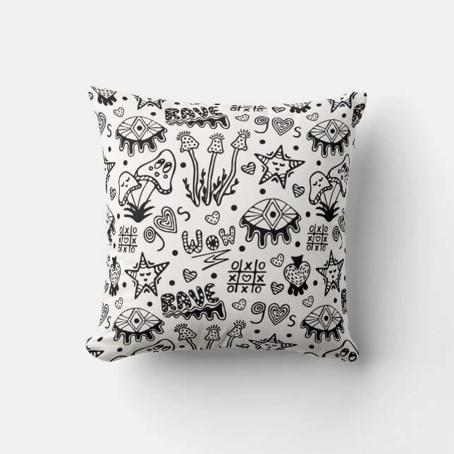 Black line psychedelic hand drawn seamless pattern cushion (Front)