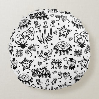 Black line psychedelic hand drawn seamless pattern round cushion
