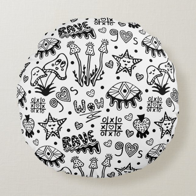 Black line psychedelic hand drawn seamless pattern round cushion (Front)
