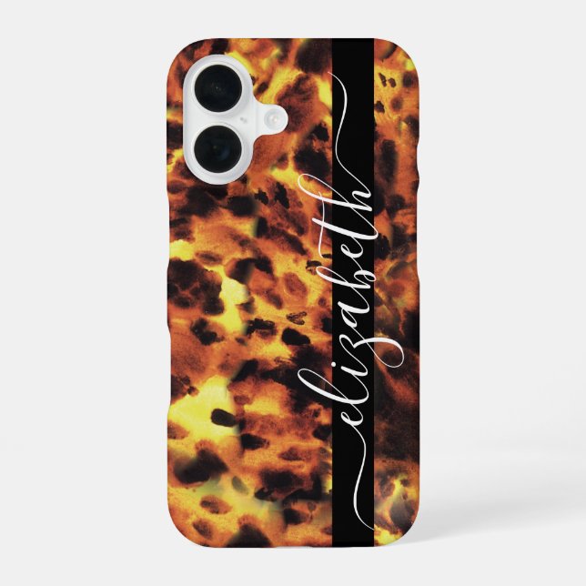 Black Line White Script Your Name Tortoiseshell iPhone 16 Case (Back)