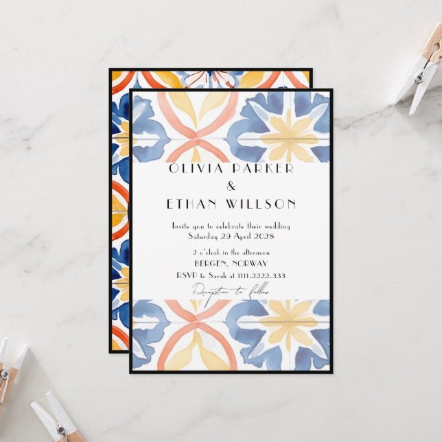 Black Lined Summer Spanish Tiled Wedding Invitat Invitation (Front/Back In Situ)