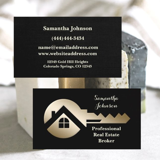 Black Linen Gold Key Real Estate Business Card (Creator Uploaded)