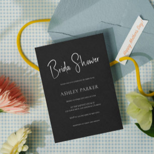 Black linen Simple Black Script Bridal Shower Invitation