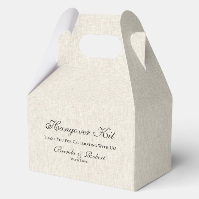 Black linen Simple Script Hangover Recovery Kit Fa Favour Box (Front)