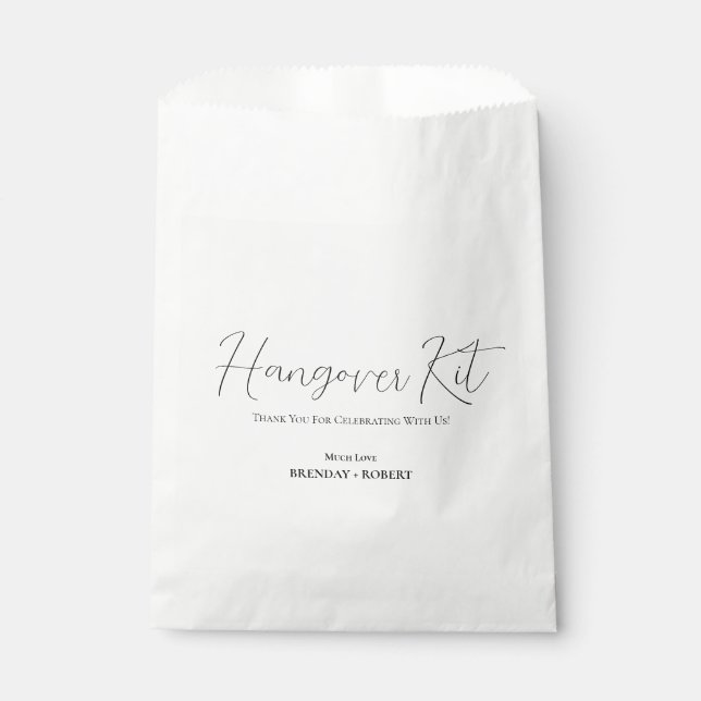 Black linen Simple Script Hangover Recovery Kit Favour Bag (Front)
