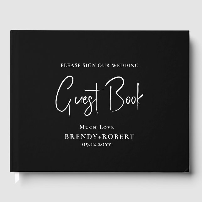 Black linen Simple Script Welcome Thank You Card Guest Book (Front)