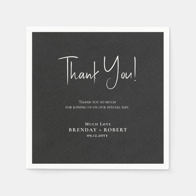 Black linen Simple Script Welcome Thank You Card Napkin (Front)