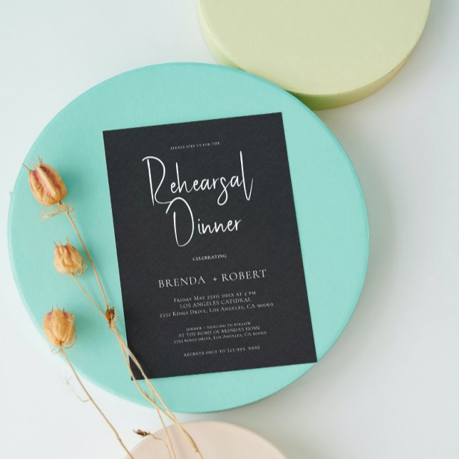 Black linen Simple White Script Rehearsal Dinner Invitation (Creator Uploaded)