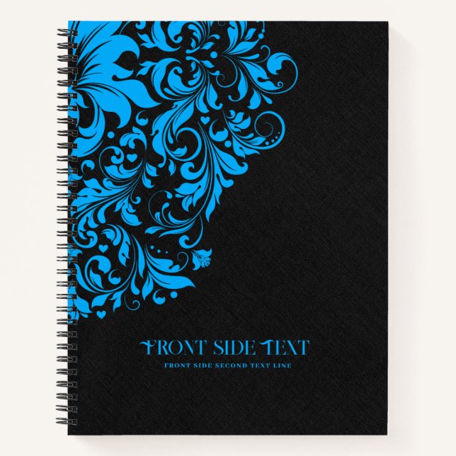 Black Linen Texture With Blue Floral Lace Notebook (Front)