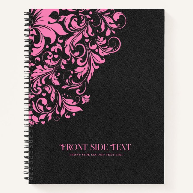 Black Linen Texture With Pink Floral Lace Notebook (Front)