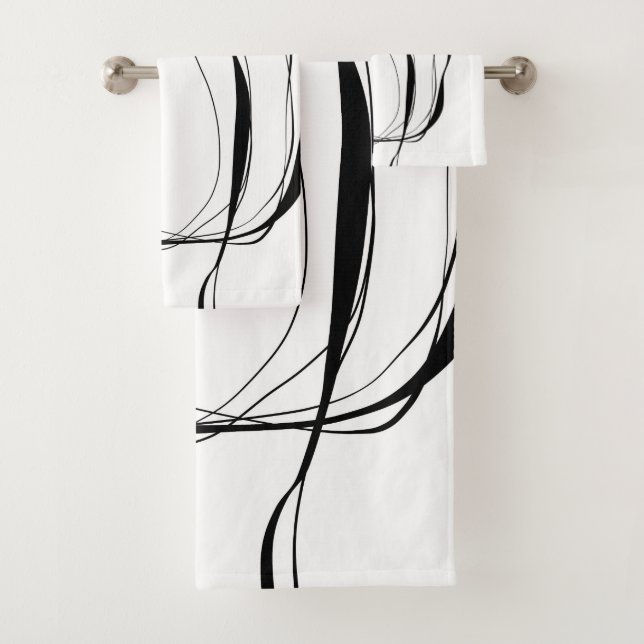 Black lines on white bath towel set (Insitu)